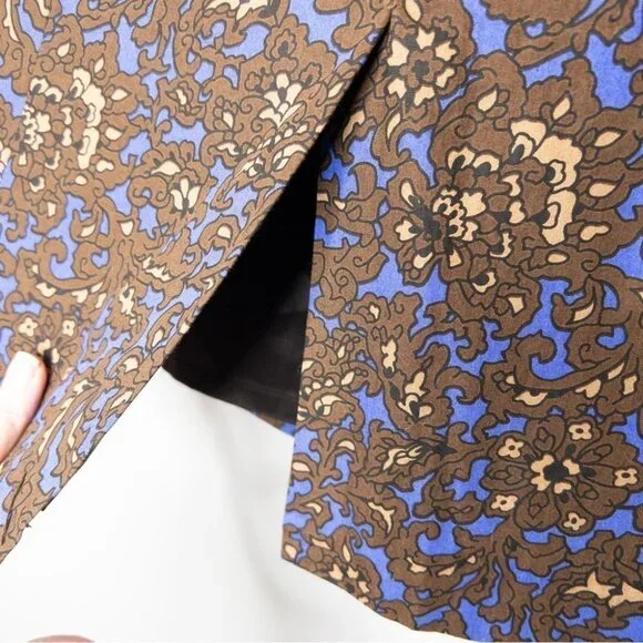 J Crew Womens Size 2 Pencil Skirt Blue Brown Print Cotton Slit Mini Wear to Work - Picture 4 of 8